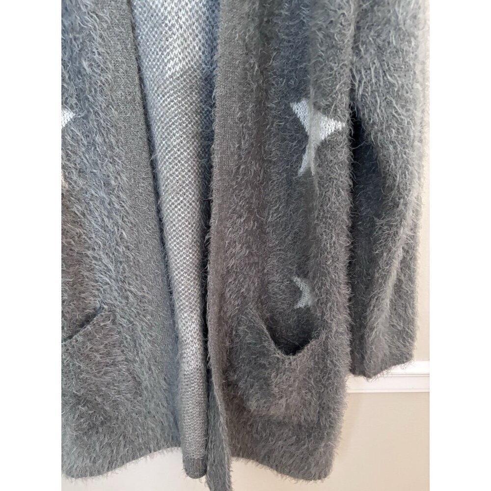 Olive+Oak Womens Size M Green Fuzzy Soft Cardigan Sweater White Stars - Picture 4 of 6